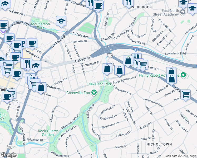 map of restaurants, bars, coffee shops, grocery stores, and more near 1209 East Washington Street in Greenville