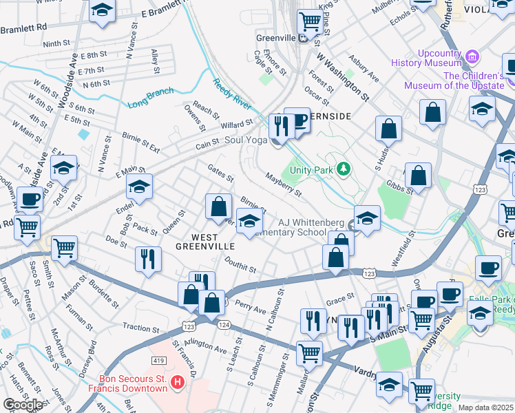 map of restaurants, bars, coffee shops, grocery stores, and more near 417 Birnie Street Extension in Greenville