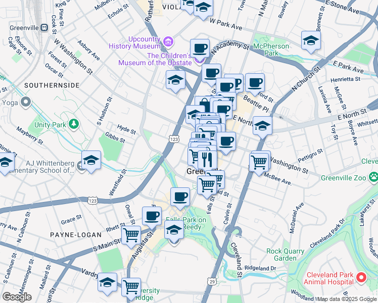 map of restaurants, bars, coffee shops, grocery stores, and more near 101 West McBee Avenue in Greenville