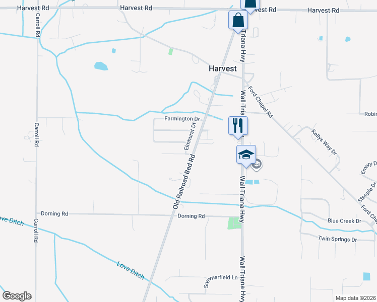 map of restaurants, bars, coffee shops, grocery stores, and more near 103 Lockport Drive in Harvest