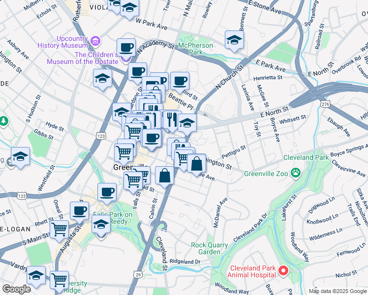 map of restaurants, bars, coffee shops, grocery stores, and more near 24 North Church Street in Greenville