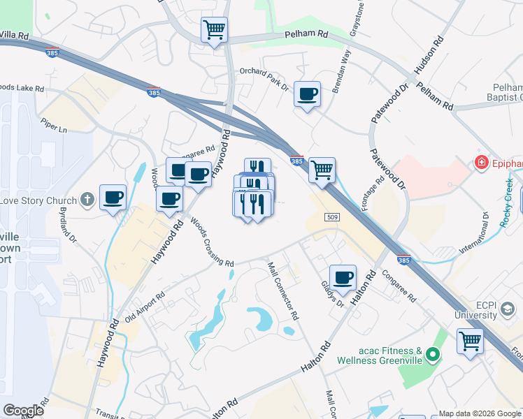 map of restaurants, bars, coffee shops, grocery stores, and more near 700 Haywood Road in Greenville