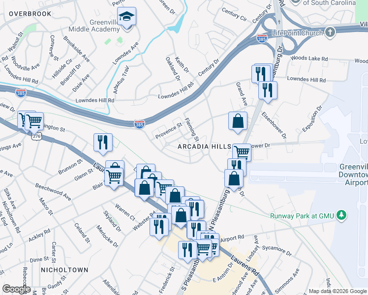 map of restaurants, bars, coffee shops, grocery stores, and more near 132 Manson Place in Greenville