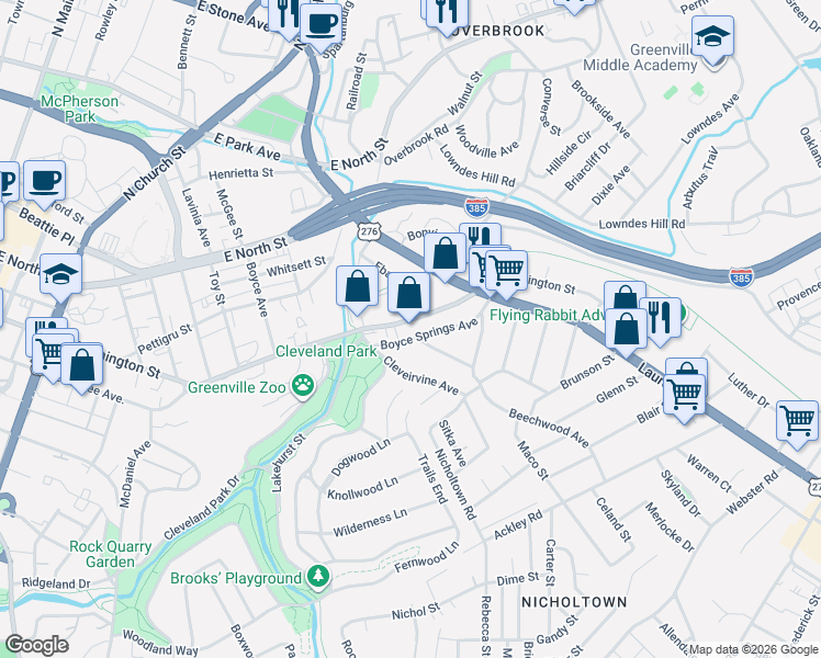 map of restaurants, bars, coffee shops, grocery stores, and more near 14 Boyce Springs Avenue in Greenville