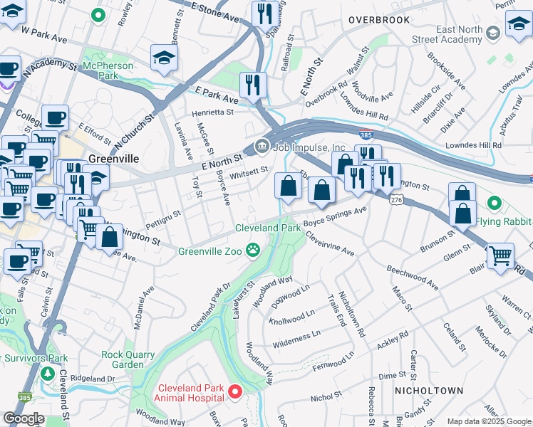 map of restaurants, bars, coffee shops, grocery stores, and more near in Greenville