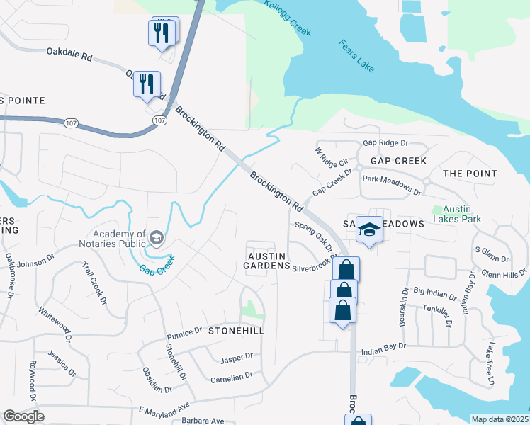 map of restaurants, bars, coffee shops, grocery stores, and more near 10401 Brockington Road in Sherwood