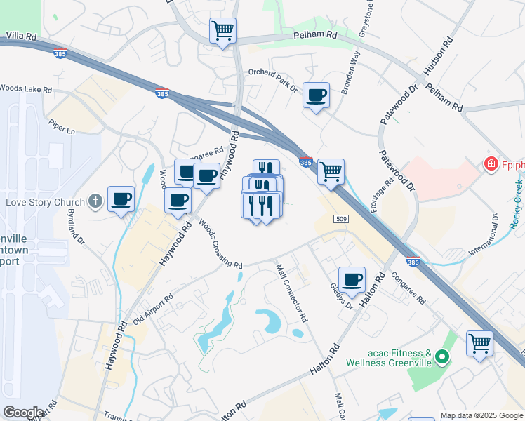 map of restaurants, bars, coffee shops, grocery stores, and more near 700 Haywood Road in Greenville