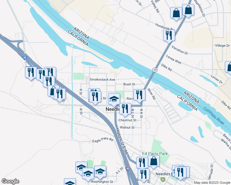 map of restaurants, bars, coffee shops, grocery stores, and more near 765 N Street in Needles