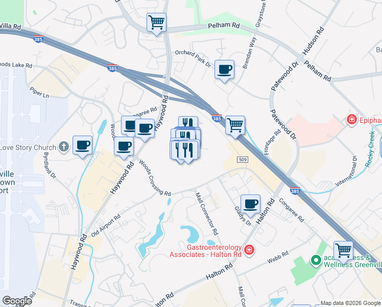 map of restaurants, bars, coffee shops, grocery stores, and more near 700 Haywood Road in Greenville