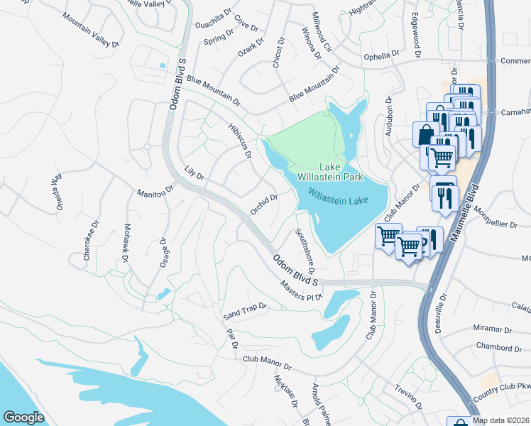 map of restaurants, bars, coffee shops, grocery stores, and more near 115 Orchid Drive in Maumelle