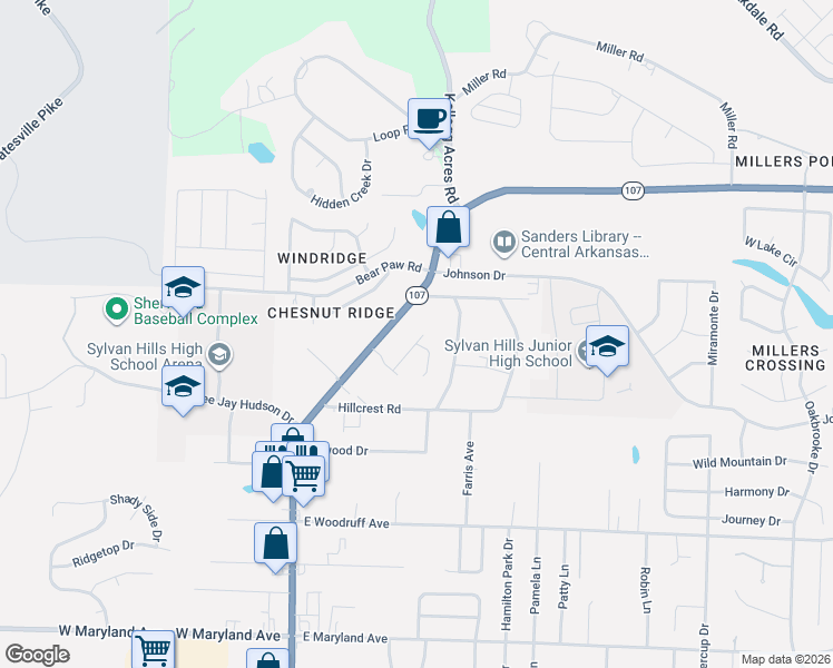 map of restaurants, bars, coffee shops, grocery stores, and more near 2514 Austin Oaks Drive in Sherwood