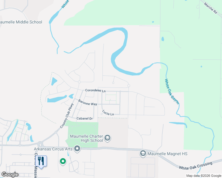 map of restaurants, bars, coffee shops, grocery stores, and more near 310 Corondelet Lane in North Little Rock