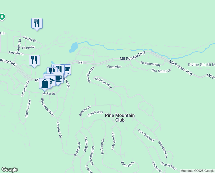 map of restaurants, bars, coffee shops, grocery stores, and more near 2423 Antelope Way in Pine Mountain Club