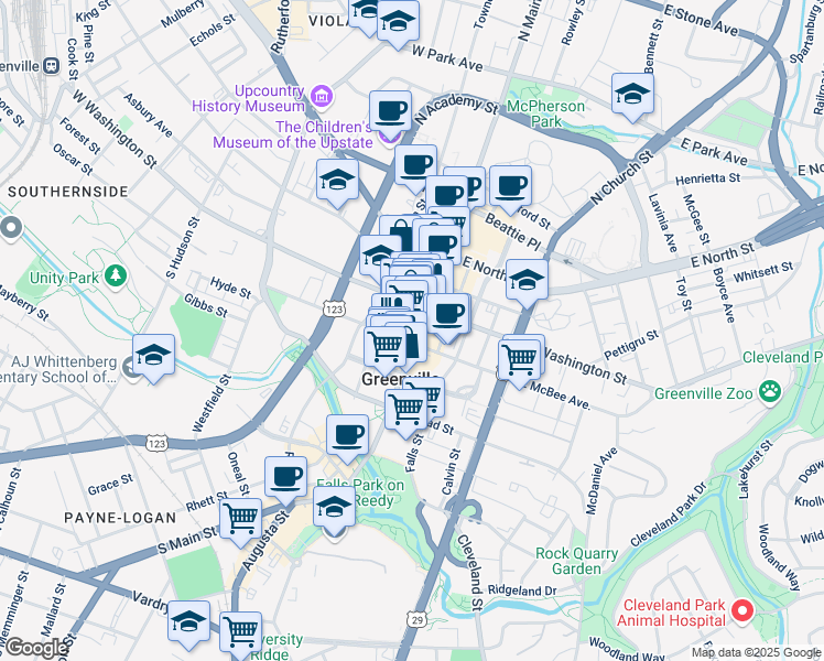 map of restaurants, bars, coffee shops, grocery stores, and more near 26 South Main Street in Greenville