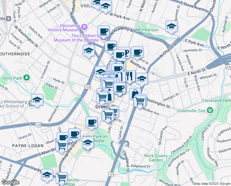 map of restaurants, bars, coffee shops, grocery stores, and more near 15 South Main Street in Greenville