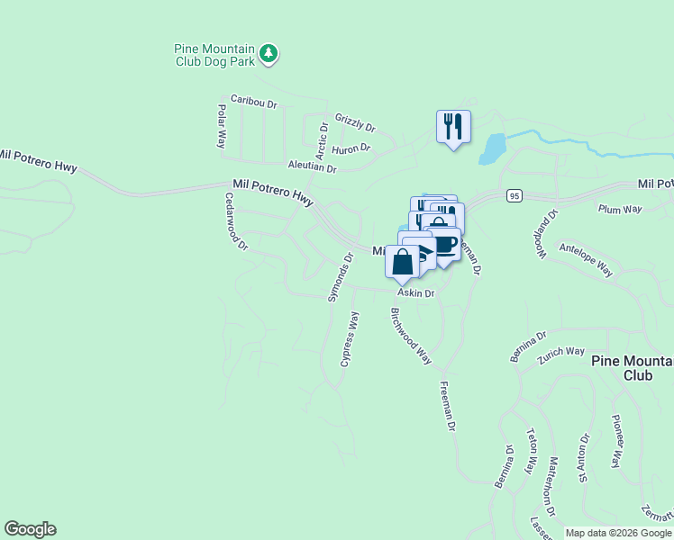 map of restaurants, bars, coffee shops, grocery stores, and more near 2417 Symonds Drive in Pine Mountain Club