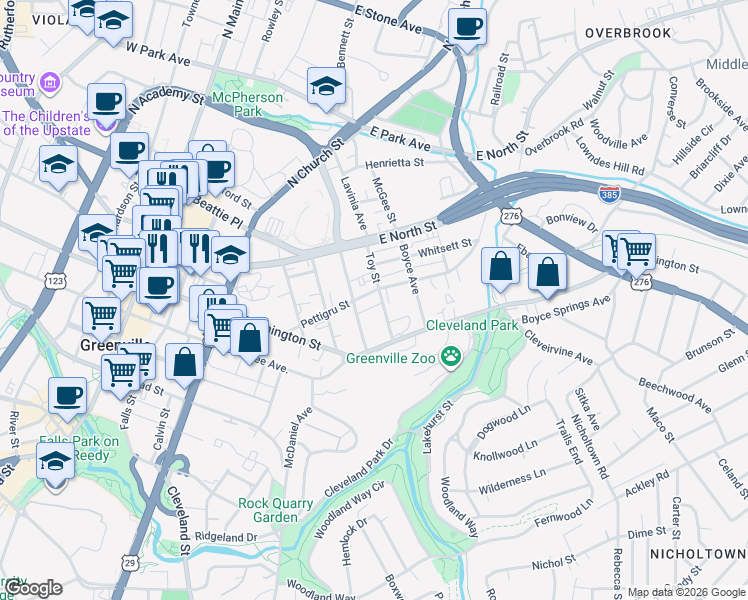 map of restaurants, bars, coffee shops, grocery stores, and more near 13 Toy Street in Greenville