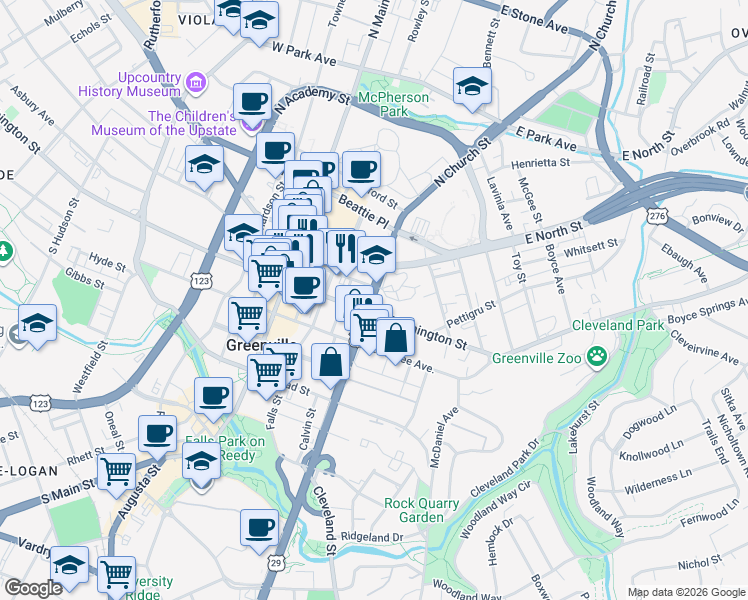 map of restaurants, bars, coffee shops, grocery stores, and more near 400 East Washington Street in Greenville