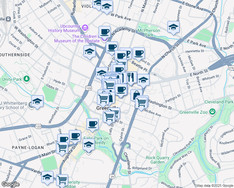 map of restaurants, bars, coffee shops, grocery stores, and more near 131 East McBee Avenue in Greenville