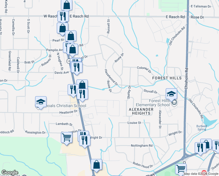 map of restaurants, bars, coffee shops, grocery stores, and more near 127 Roxie Drive in Florence