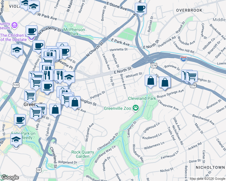 map of restaurants, bars, coffee shops, grocery stores, and more near 13 Toy Street in Greenville