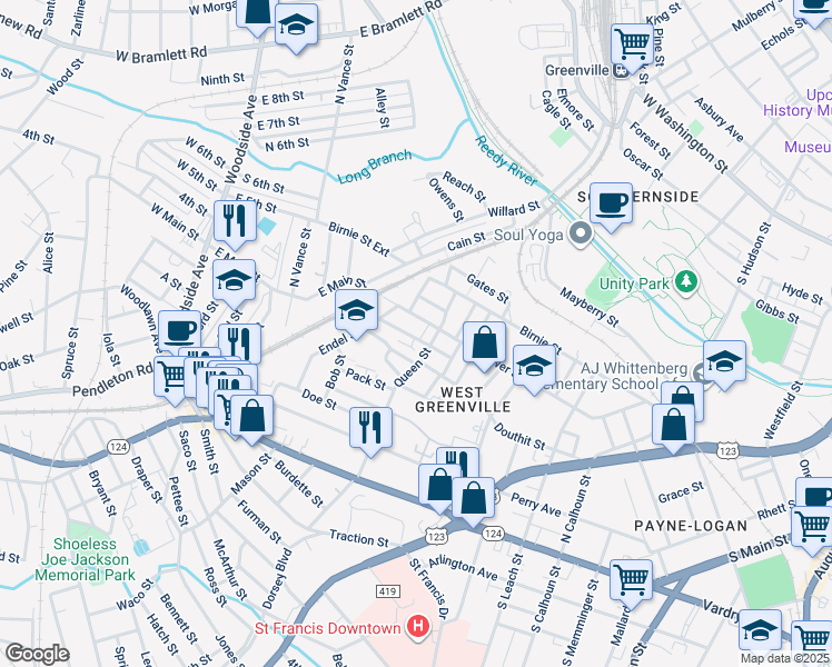 map of restaurants, bars, coffee shops, grocery stores, and more near 8A Kingsview Street in Greenville