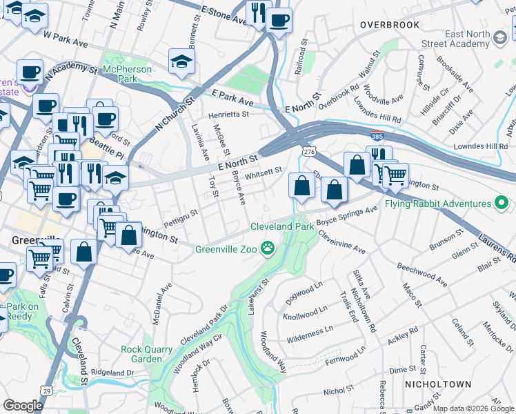 map of restaurants, bars, coffee shops, grocery stores, and more near 1151 East Washington Street in Greenville