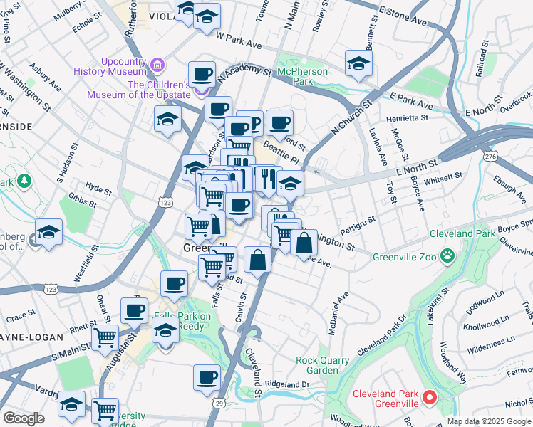 map of restaurants, bars, coffee shops, grocery stores, and more near in Greenville