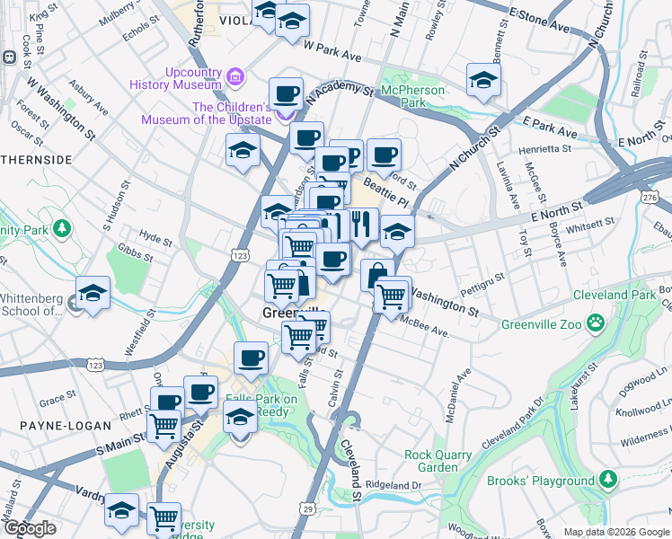 map of restaurants, bars, coffee shops, grocery stores, and more near 131 East McBee Avenue in Greenville