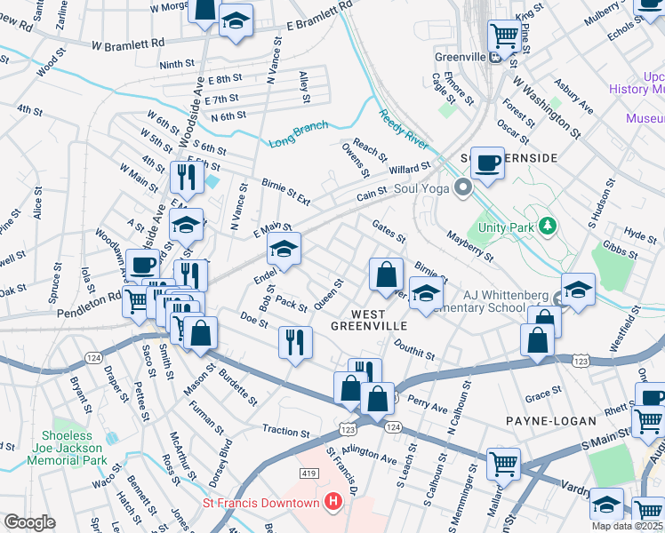 map of restaurants, bars, coffee shops, grocery stores, and more near 8A Kingsview Street in Greenville