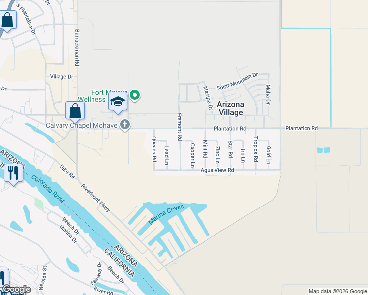 map of restaurants, bars, coffee shops, grocery stores, and more near 10569 Copper Lane in Mohave Valley