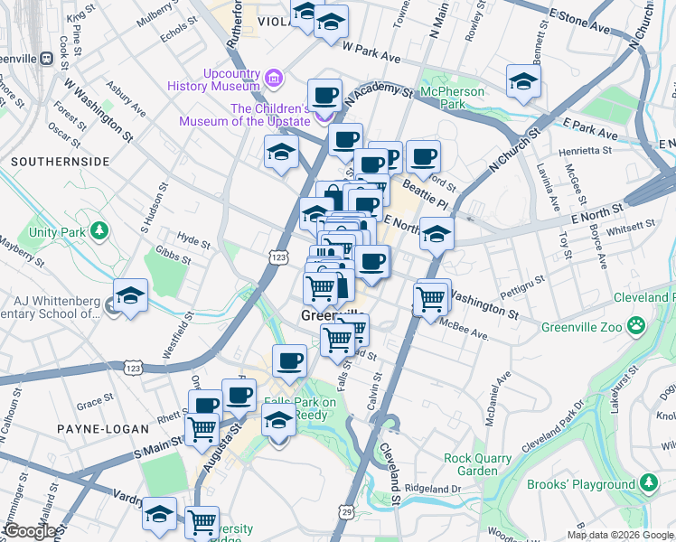 map of restaurants, bars, coffee shops, grocery stores, and more near 9 South Main Street in Greenville