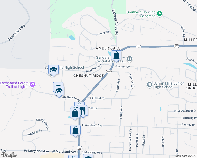 map of restaurants, bars, coffee shops, grocery stores, and more near 10410 Arkansas 107 in Sherwood