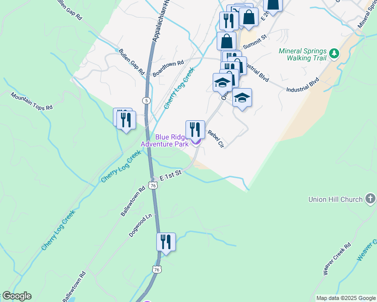 map of restaurants, bars, coffee shops, grocery stores, and more near 2117 E 1st St in Blue Ridge