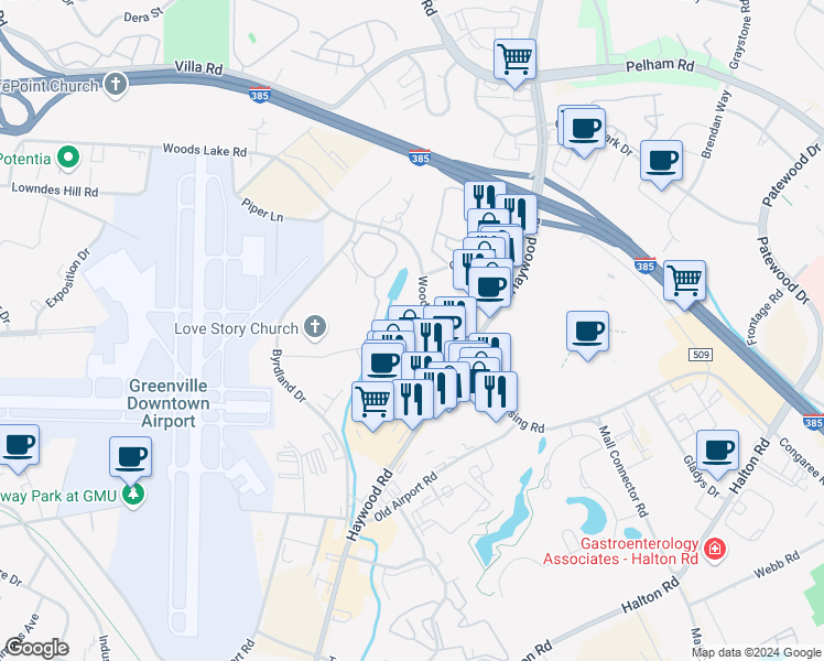 map of restaurants, bars, coffee shops, grocery stores, and more near 306 Congaree Road in Greenville