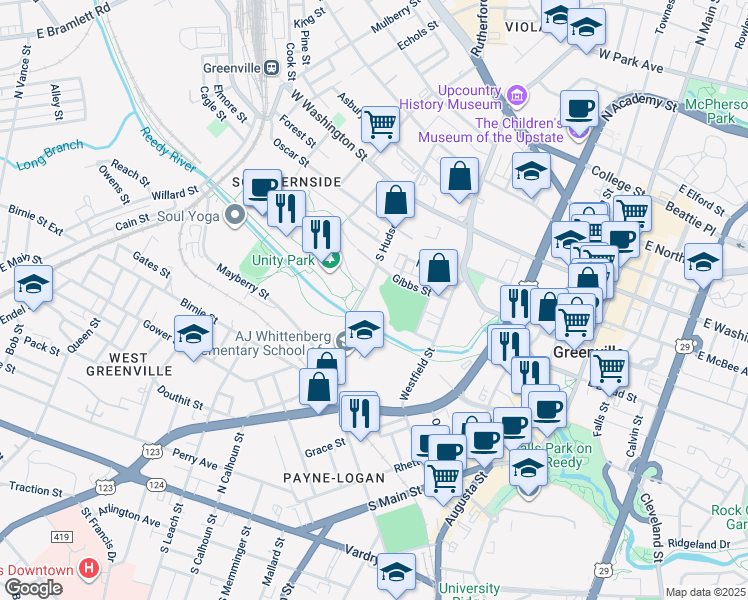map of restaurants, bars, coffee shops, grocery stores, and more near 215 Gibbs Street in Greenville
