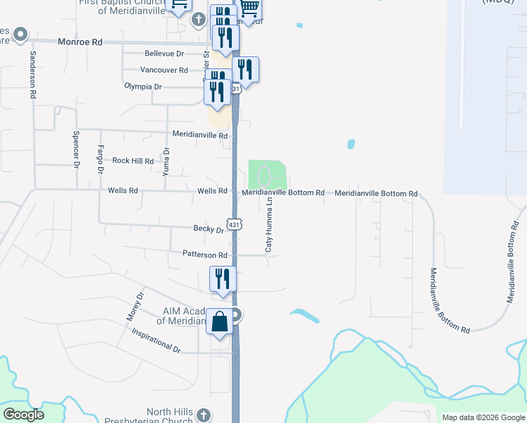 map of restaurants, bars, coffee shops, grocery stores, and more near 126 Claybill Drive in Meridianville