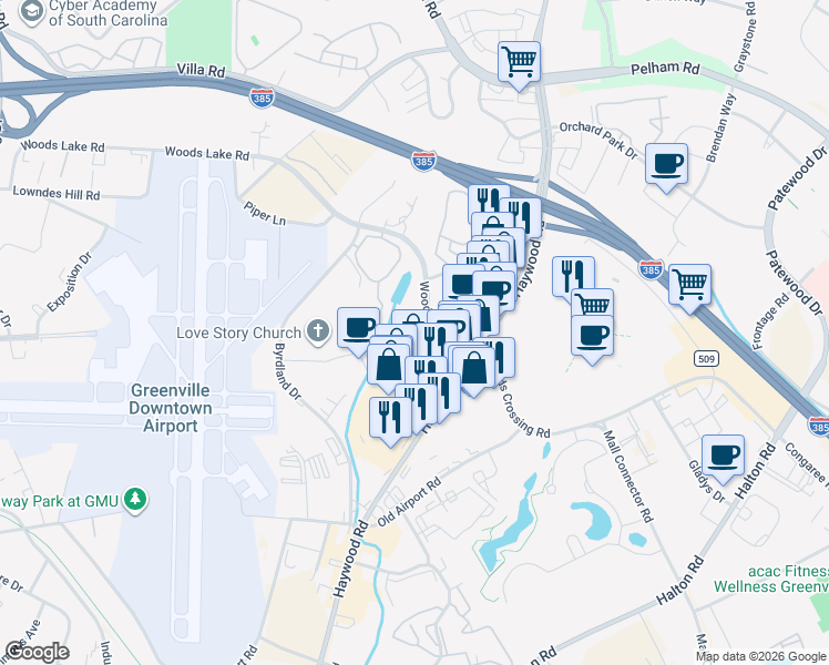 map of restaurants, bars, coffee shops, grocery stores, and more near 530 Woods Lake Road in Greenville