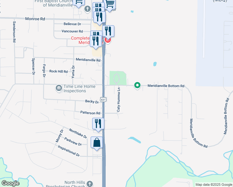 map of restaurants, bars, coffee shops, grocery stores, and more near 111 Claybill Drive in Meridianville