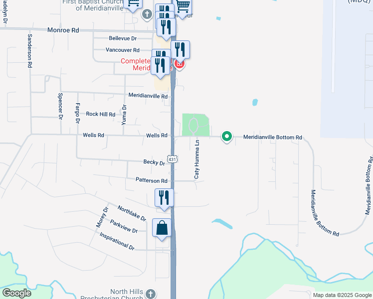 map of restaurants, bars, coffee shops, grocery stores, and more near 111 Claybill Drive in Meridianville