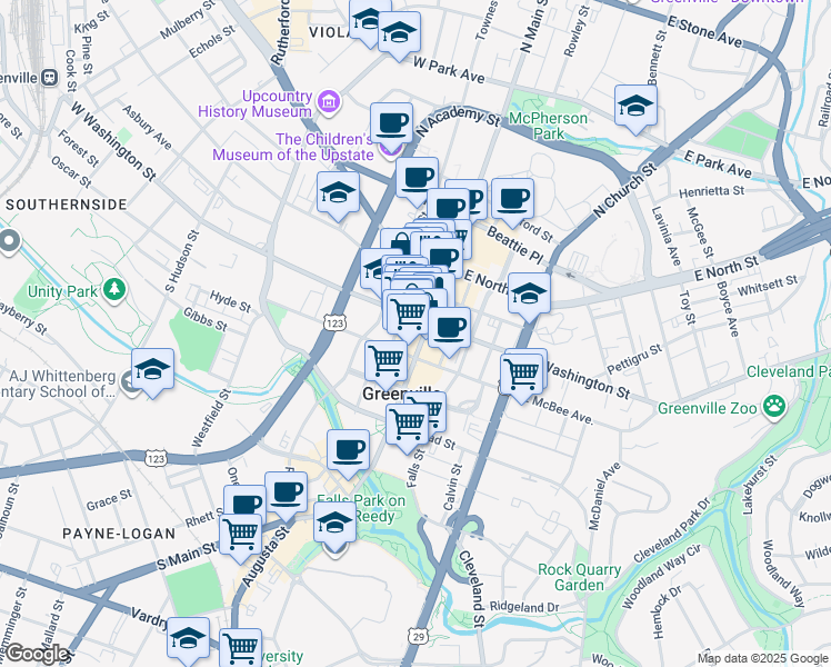 map of restaurants, bars, coffee shops, grocery stores, and more near 24 West Washington Street in Greenville
