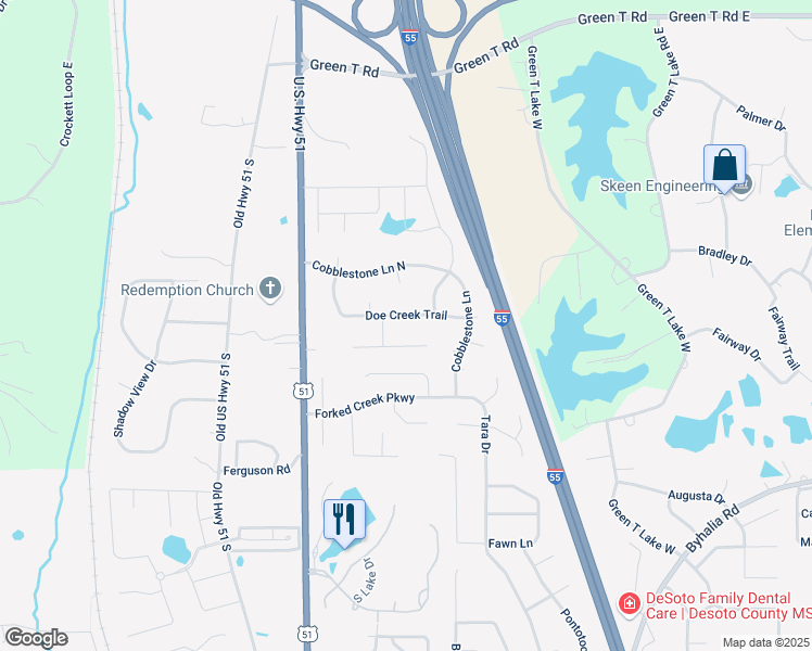 map of restaurants, bars, coffee shops, grocery stores, and more near 72 Doe Creek Trail in Hernando