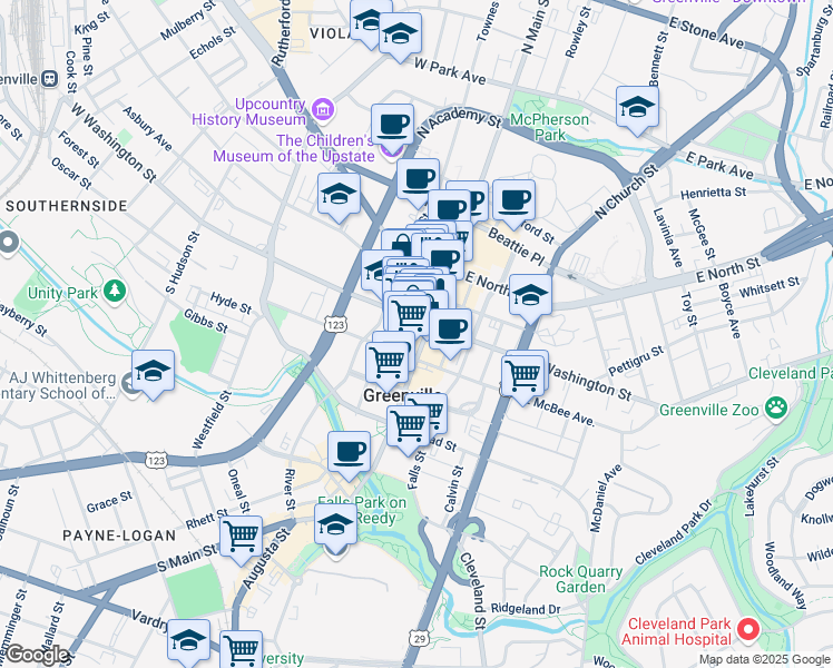 map of restaurants, bars, coffee shops, grocery stores, and more near 24 West Washington Street in Greenville
