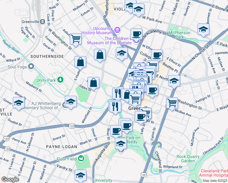 map of restaurants, bars, coffee shops, grocery stores, and more near 325 West McBee Avenue in Greenville