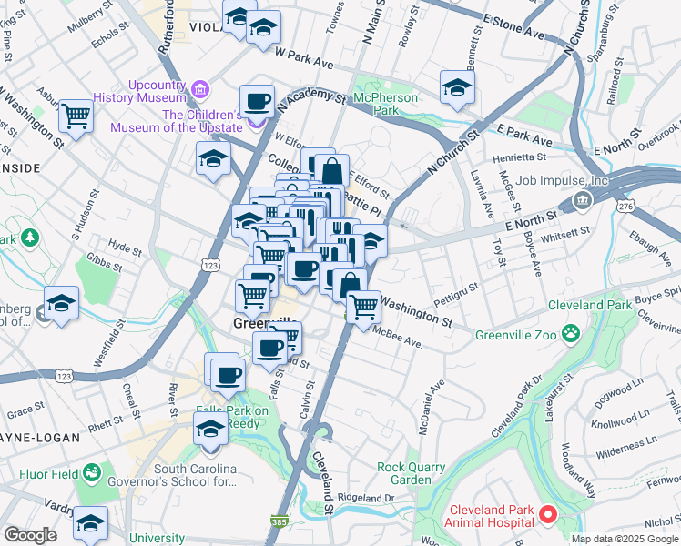 map of restaurants, bars, coffee shops, grocery stores, and more near 106 East Coffee Street in Greenville