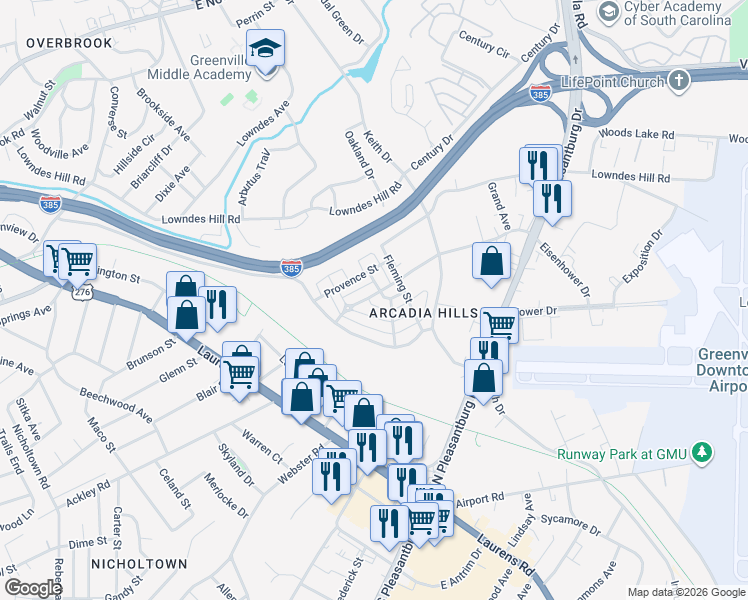 map of restaurants, bars, coffee shops, grocery stores, and more near 115 Cain River Alley in Greenville