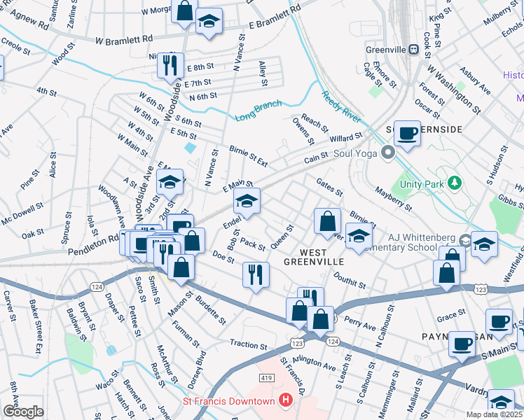 map of restaurants, bars, coffee shops, grocery stores, and more near 62 Endel Street in Greenville