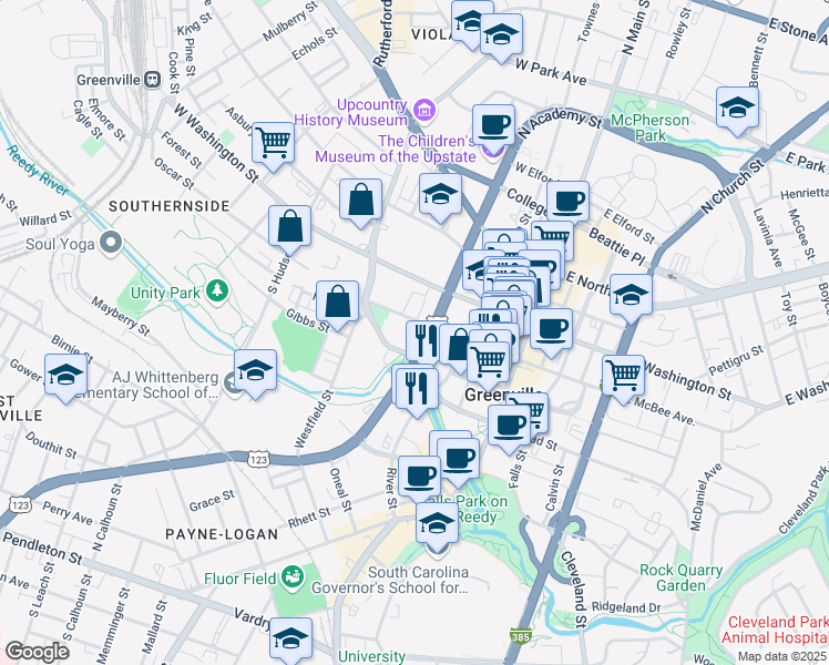 map of restaurants, bars, coffee shops, grocery stores, and more near 325 West McBee Avenue in Greenville