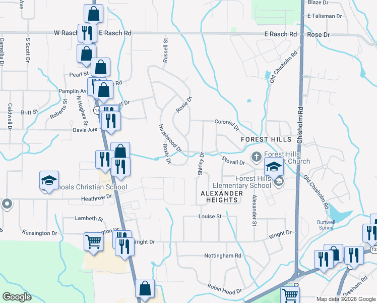 map of restaurants, bars, coffee shops, grocery stores, and more near 201 Roxie Drive in Florence