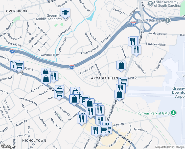 map of restaurants, bars, coffee shops, grocery stores, and more near 115 Cain River Alley in Greenville